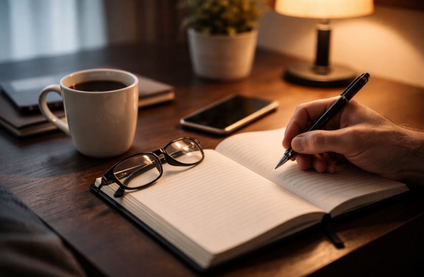 Morgen- und Abendroutinen im Alltag – ruhige Abschlussszene mit Notizbuch, Stift und warmem Licht als strukturierender Tagesausklang