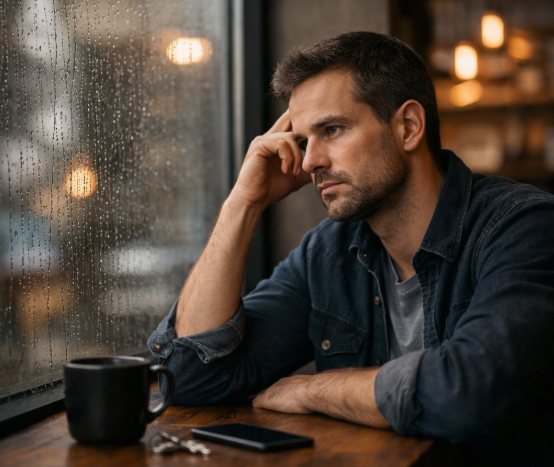 Mann sitzt nachdenklich im Café am Fenster – Ablehnung verstehen im Kontext von Passung, Timing und Lebensphase