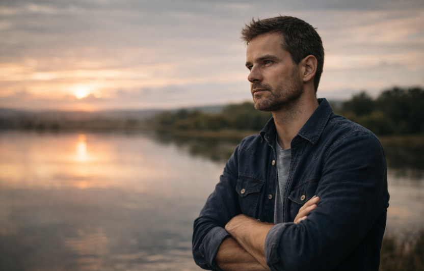 Nachdenklicher Mann am See bei Sonnenuntergang – Ablehnung verstehen und innere Stabilität gewinnen