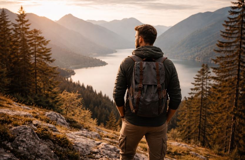 Alleine reisen als Mann – ruhiger Moment eines allein reisenden Mannes in den Bergen