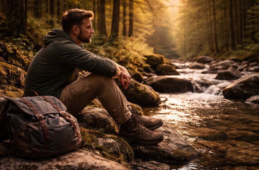 Alleine reisen als Mann – ruhiger Moment der Erdung an einem Bach in der Natur