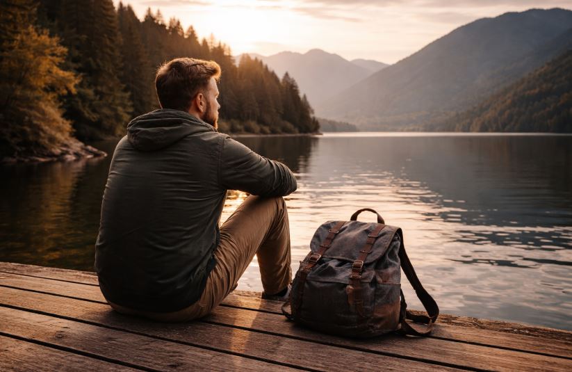 Alleine reisen als Mann – allein reisender Mann sitzt ruhig an einem See bei Sonnenuntergang