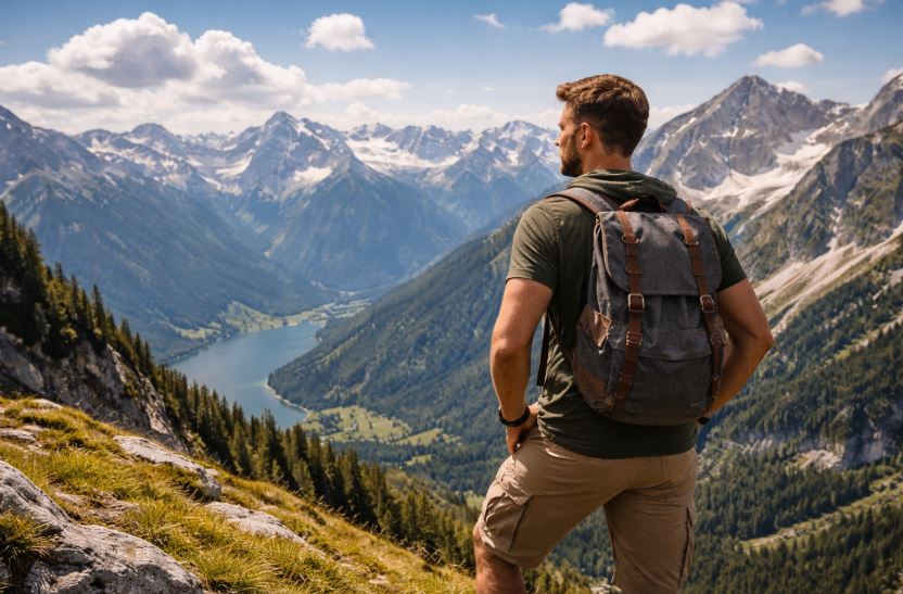 Alleine reisen als Mann ab 30 – Mann steht bei sonnigem Wetter in den Alpen und blickt ins Tal