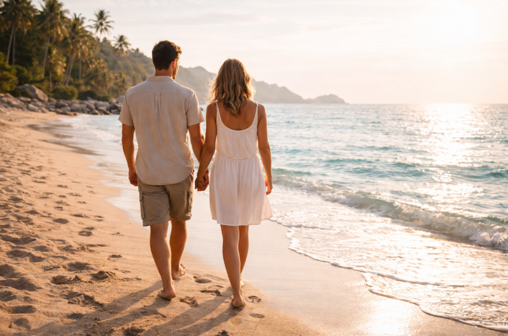 Alleine reisen oder mit Begleitung – Paar spaziert bei hellem Sonnenlicht am Strand entlang, blaues Meer und klarer Himmel im Hintergrund