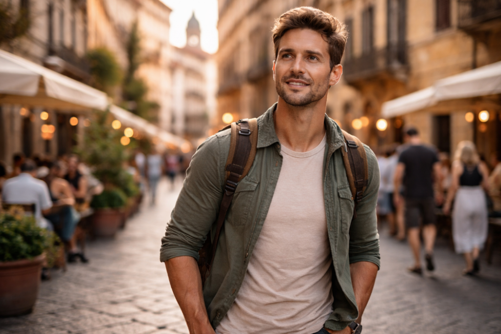 Unterwegs allein sein – Mann alleine in einer lebendigen italienischen Stadt mit Menschen im Hintergrund