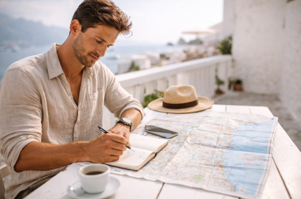 Unterwegs allein sein – Mann plant strukturierten Solo-Trip mit Karte und Notizbuch in süditalienischer Umgebung