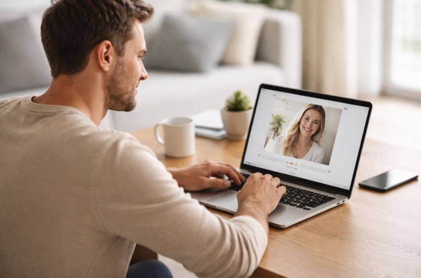 Mann sitzt am Laptop und betrachtet ein Dating-Profil – Anmeldung bei Dating-Plattformen als ruhiger Einstieg in digitale Partnersuche