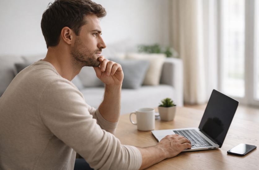 Mann sitzt am Laptop in ruhiger Umgebung – Anmeldung bei Dating-Plattformen als sachliche Einordnung am Ende der Partnersuche-Erfahrung