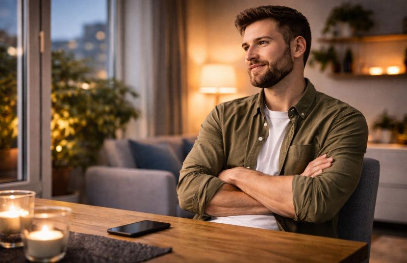 Dating-Apps für Männer – gut gelaunter Mann sitzt abends am Tisch, verschränkt die Arme und blickt nach einem Date zufrieden aus dem Fenster