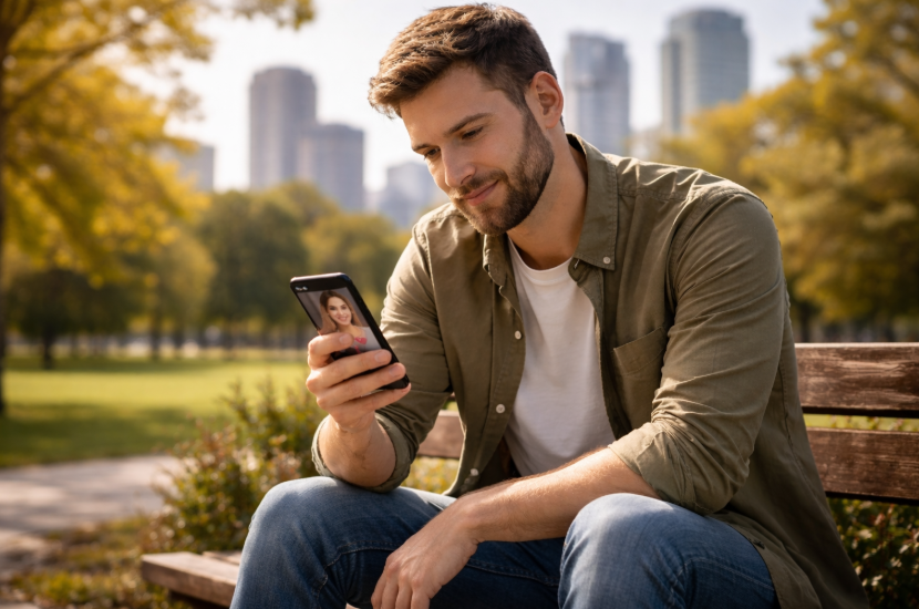 Dating-Apps für Männer – sportlich elegant gekleideter Mann sitzt bei sonnigem Wetter im Park vor Großstadtkulisse und blickt ruhig auf sein Smartphone