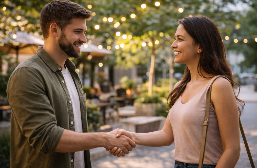 Dating-Apps für Männer – Mann und Frau begrüßen sich freundlich beim ersten Date in heller, einladender Umgebung im Freien