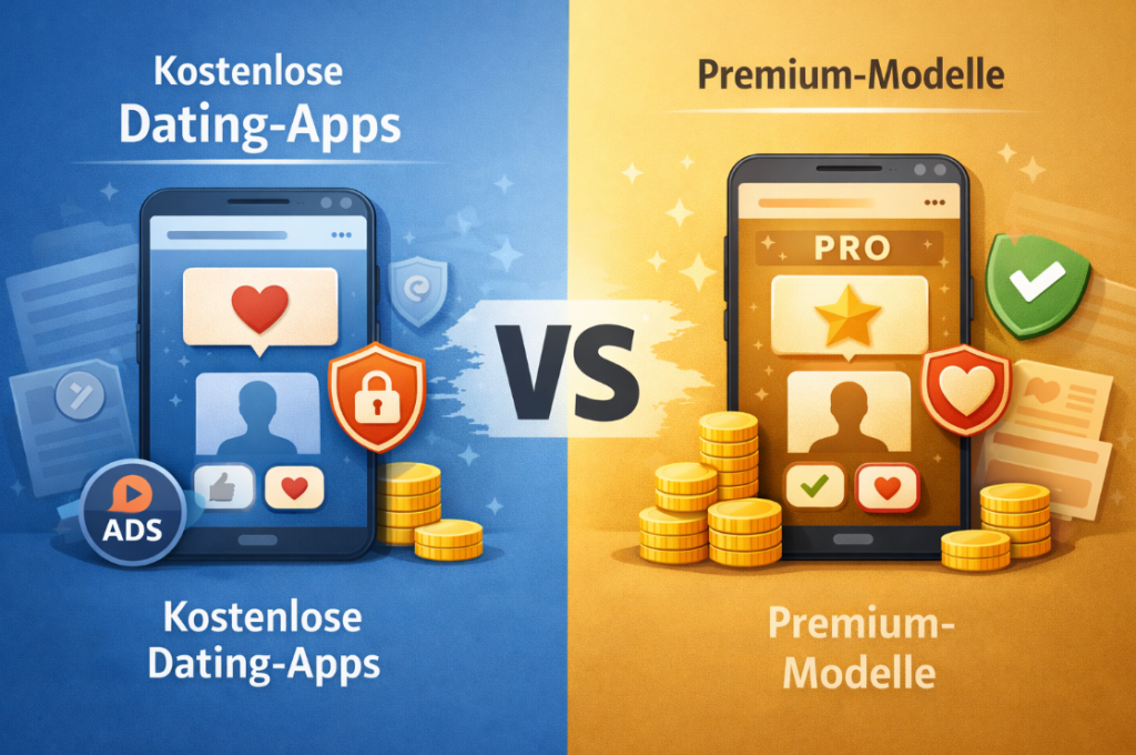 Kostenlose Dating-Apps vs Premium-Modelle im Vergleich – Illustration mit Smartphone-Darstellung von Basisfunktionen und erweiterten Premium-Features