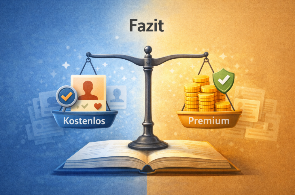 Fazit zu kostenlose Dating-Apps vs Premium-Modelle – Illustration mit Waage zwischen kostenloser Nutzung und Premium-Abo im Online-Dating