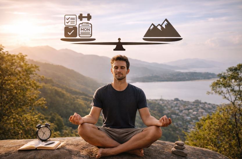 Auszeiten statt Flucht – ruhige Reisesituation eines Mannes in ausgewogener Landschaft