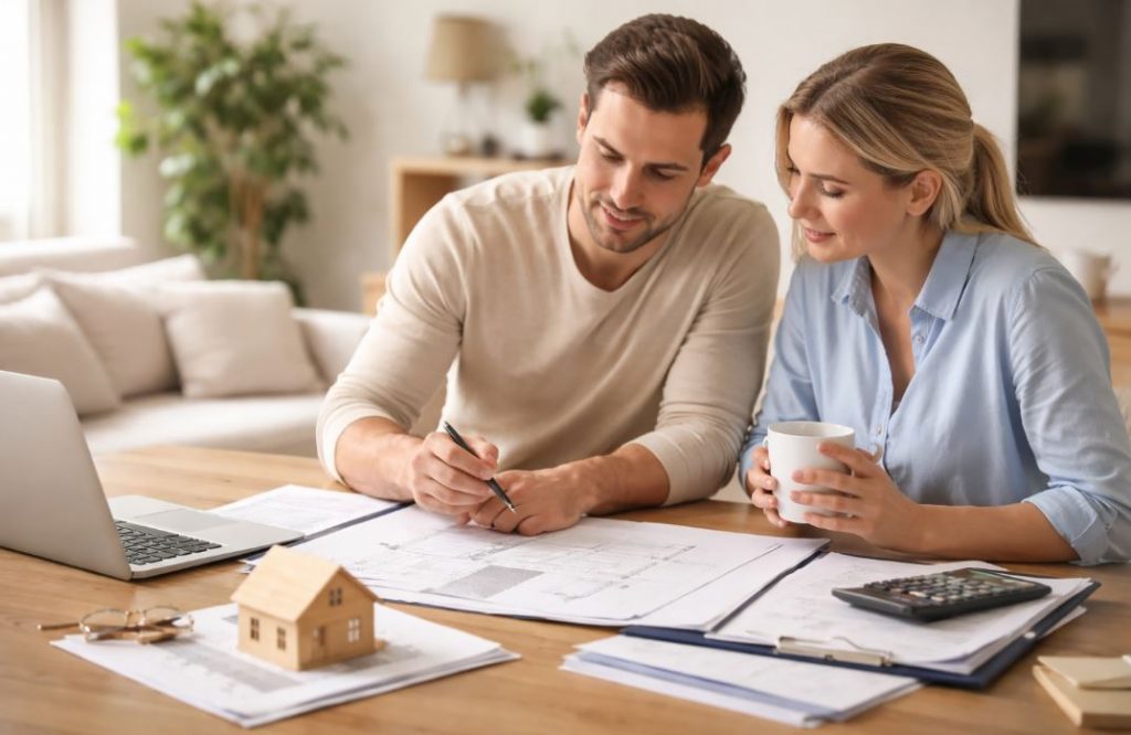 Paar prüft Unterlagen und Baupläne am Tisch als symbolische Darstellung einer Baufinanzierung und langfristiger Immobilienplanung.