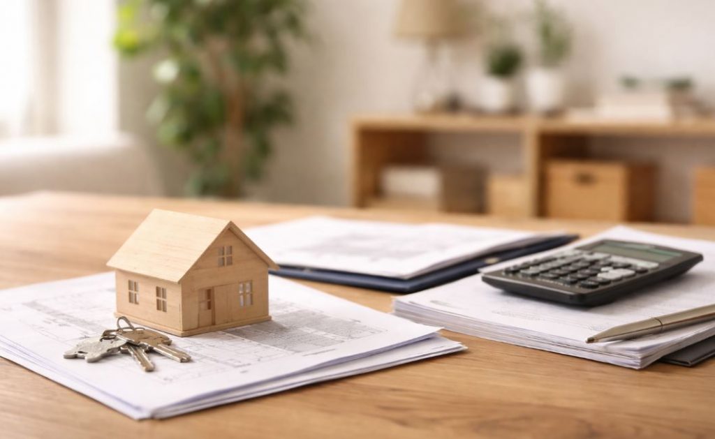 Hausmodell, Schlüssel und Unterlagen auf einem Tisch als symbolische Darstellung einer Baufinanzierung und langfristiger Immobilienentscheidungen.