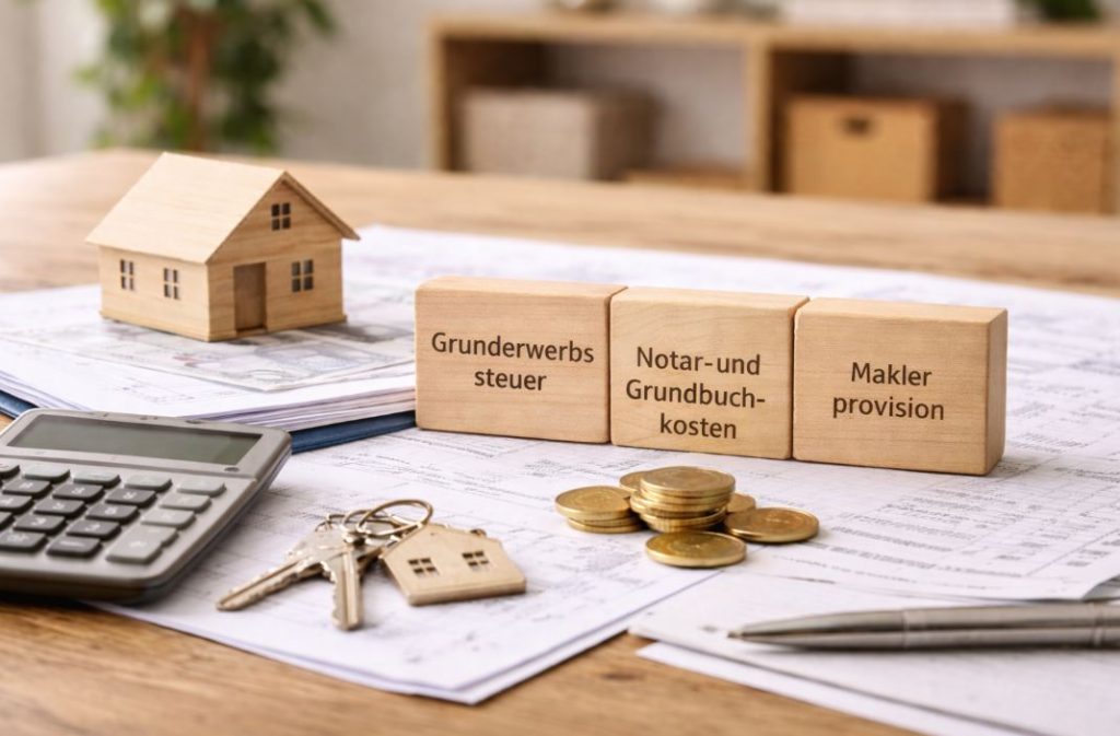 Holzklötze mit Hinweisen auf Kaufnebenkosten neben Hausmodell, Schlüsseln und Unterlagen als symbolische Darstellung der Kaufnebenkosten bei einer Baufinanzierung.