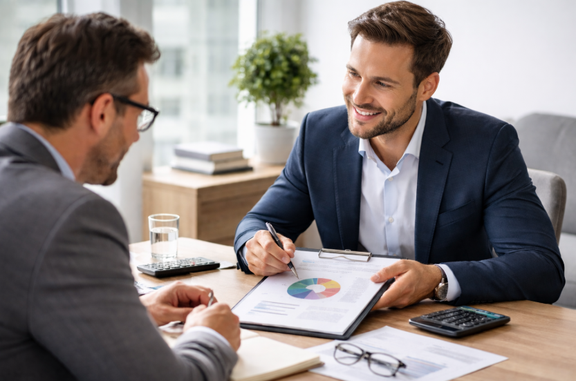 Zwei Männer im Beratungsgespräch über Bonität und Vertragsunterlagen in heller, seriöser Bankumgebung