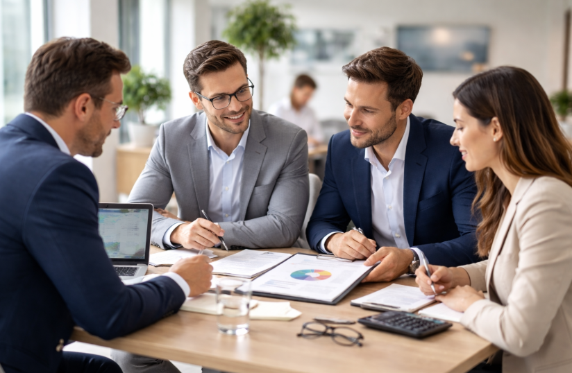 Beratungsgespräch in heller Bankumgebung mit vier Personen an einem Tisch, Unterlagen zur Bonitätsprüfung im Fokus, Hintergrund dezent verschwommen