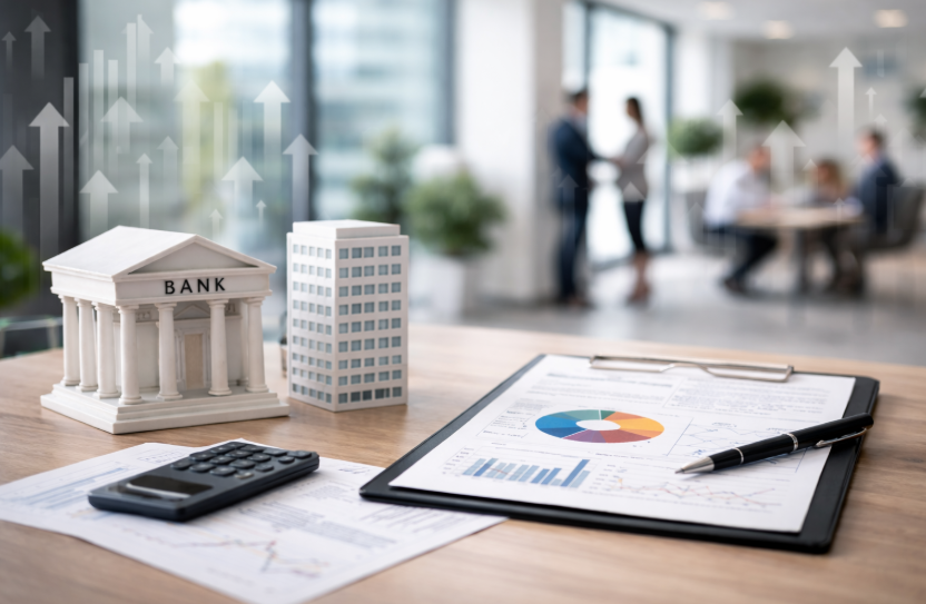 Helles Bankbüro mit Beratungsunterlagen auf dem Tisch und diskreter Besprechung im Hintergrund – symbolisches Bild zur Einordnung von Bonität im Finanzsystem