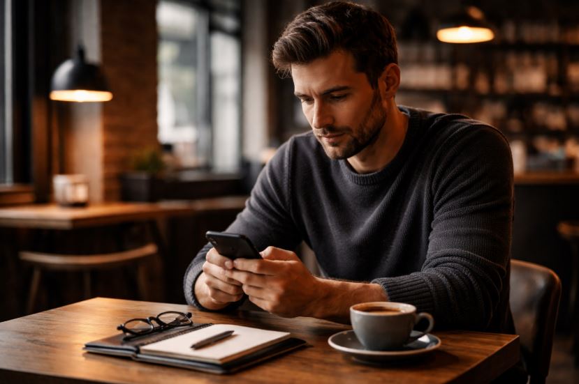 Online-Dating einordnen: Mann sitzt nachdenklich in einem Café und blickt auf sein Smartphone