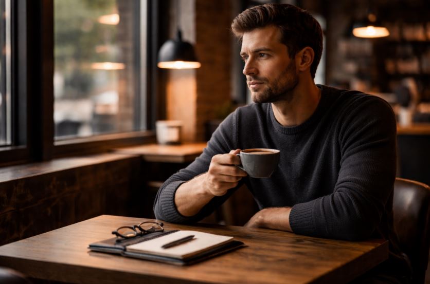 Online-Dating einordnen – Mann sitzt nachdenklich in einem Café und blickt aus dem Fenster