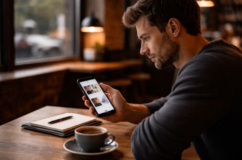 Online-Dating einordnen – Mann sitzt ruhig im Café und nutzt eine Dating-Plattform auf dem Smartphone