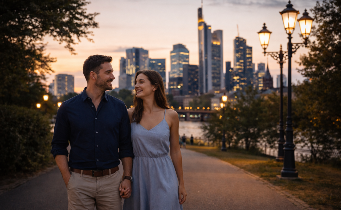 Mann und Frau spazieren an einem Sommerabend durch einen Park mit beleuchteten Straßenlampen und Stadtsilhouette im Hintergrund