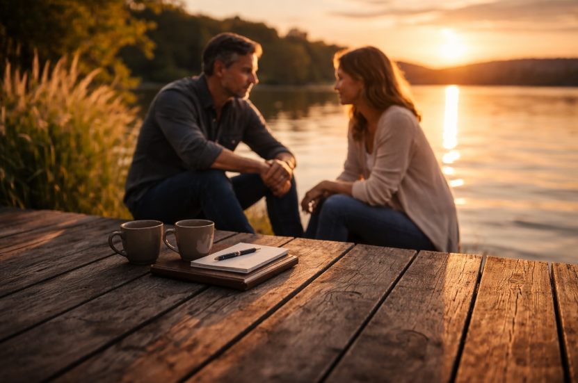 Dating nach Scheidung oder langer Beziehung – Paar sitzt im warmen Sonnenlicht am See und führt ein ruhiges, tiefgründiges Gespräch über einen Neuanfang