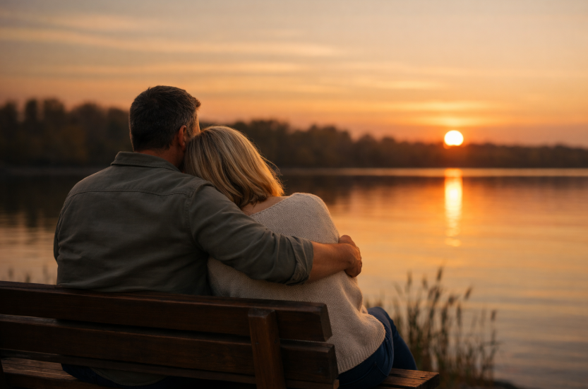 Dating nach Scheidung oder langer Beziehung – Paar sitzt eng umschlungen auf einer Bank am See bei Sonnenuntergang und blickt gemeinsam in die Zukunft