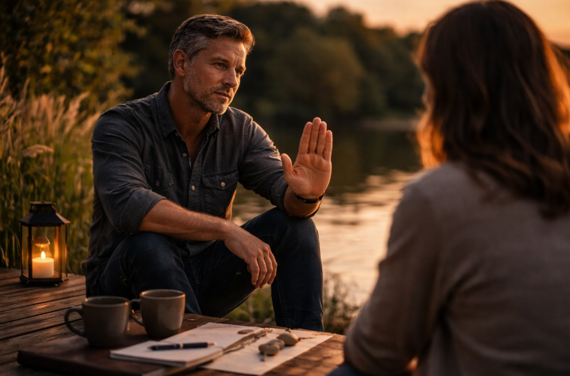 Dating nach Scheidung oder langer Beziehung – Mann setzt in ruhiger Abendstimmung am See klare Grenzen im Gespräch mit einer Frau