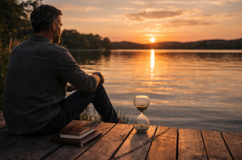 Dating nach Scheidung oder langer Beziehung – Mann sitzt ruhig am See bei Sonnenuntergang und steht sinnbildlich für Geduld statt Beschleunigung