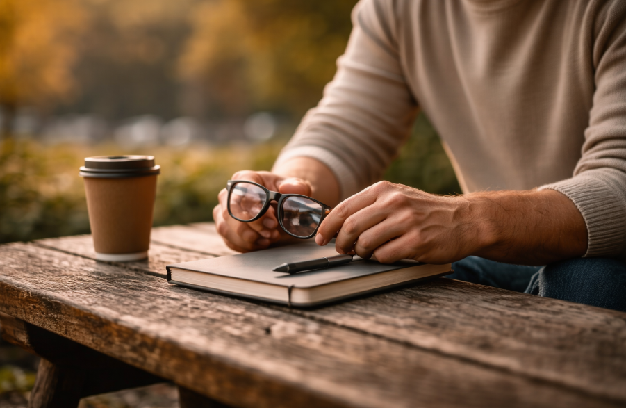 Hände eines Mannes liegen auf einem Notizbuch im warmen Abendlicht – Datingpause als bewusste Phase der Reflexion und Neuorientierung