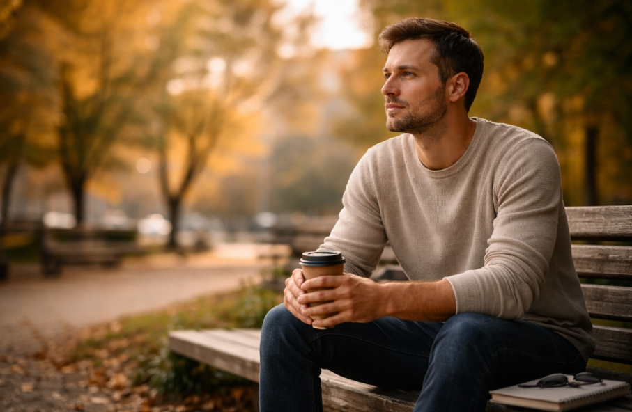 Nachdenklicher Mann sitzt allein auf einer Parkbank im Herbstlicht – Datingpause als bewusste Entscheidung in einer intensiven Lebensphase