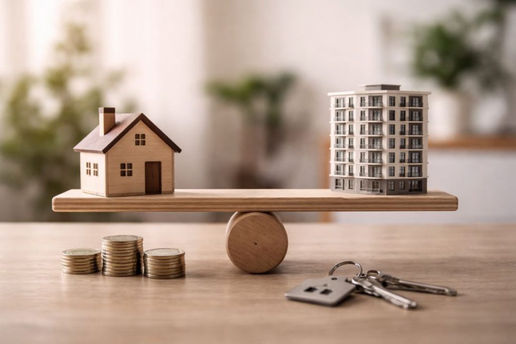 Eigenheim oder Mieten – symbolische Darstellung eines Hauses und eines Mehrfamilienhauses im finanziellen Gleichgewicht.