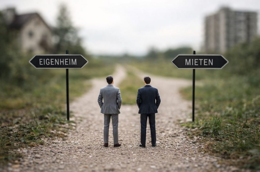 Eigenheim oder Mieten – symbolische Weggabelung zwischen Eigentum und Mietwohnung als finanzielle Einordnung.
