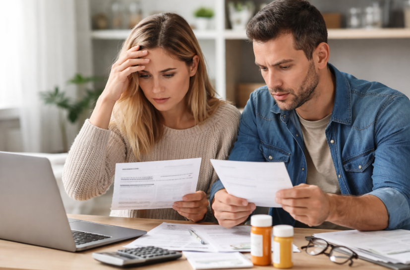 Paar prüft besorgt Unterlagen am Tisch als Symbol für Einkommensausfall durch längere Krankheit in heller, sachlicher Umgebung.