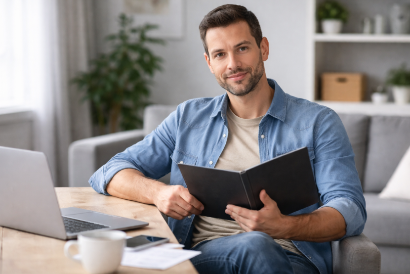 Mann sitzt entspannt am Tisch mit Unterlagen und Laptop und wirkt finanziell abgesichert in heller, ruhiger Wohnumgebung.