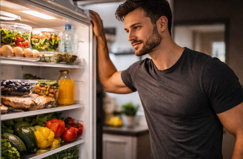 Eiweiß Kohlenhydrate Fette – fitter Mann blickt ausgeglichen in einen gut gefüllten Kühlschrank mit ausgewogenen Lebensmitteln
