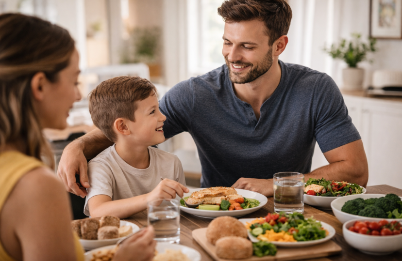 Eiweiß Kohlenhydrate Fette – zufriedener Mann sitzt mit seiner Familie am Esstisch und genießt ausgewogene Mahlzeiten in heller, einladender Atmosphäre