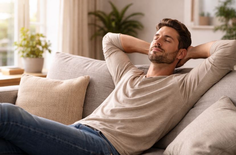 Schlaf, Pausen und Energie – Mann macht zuhause eine ruhige Pause auf dem Sofa und sammelt neue Energie im Alltag