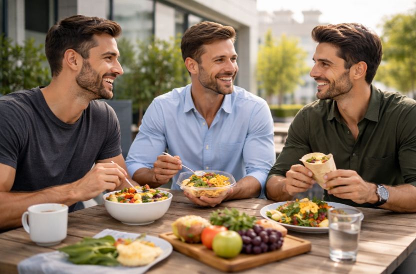 Ernährung im Berufsalltag – Kollegen essen gemeinsam eine ausgewogene Mahlzeit in entspannter Atmosphäre nach der Arbeit
