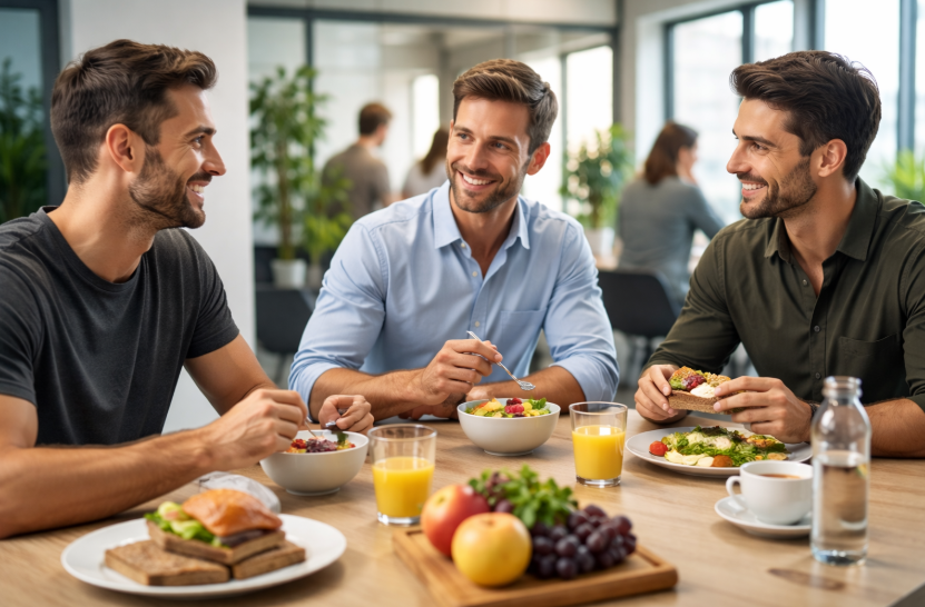 Ernährung im Berufsalltag – Männer frühstücken gemeinsam im Büro mit ausgewogenen Lebensmitteln in heller, moderner Umgebung