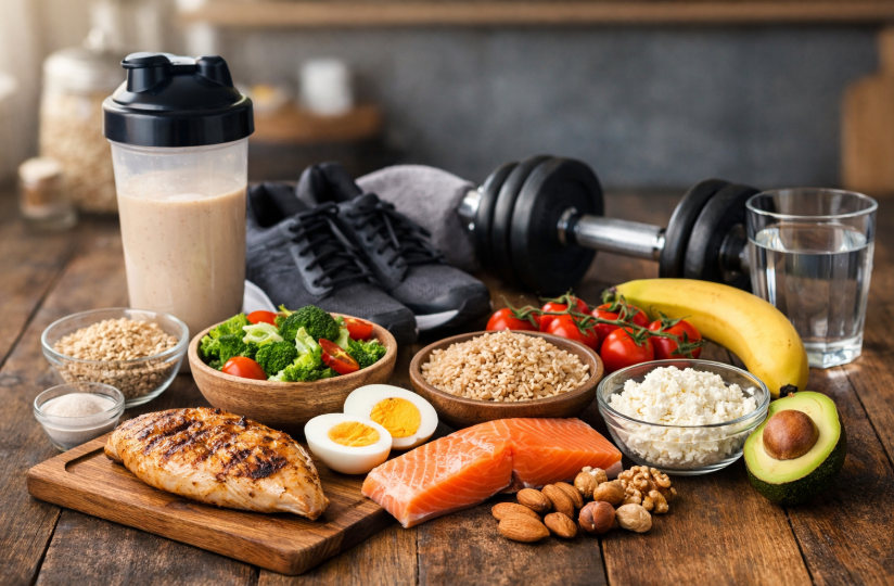 Gesunde Ernährung für Männer – ausgewogene Mahlzeiten mit Protein, Gemüse, Vollkornprodukten und gesunden Fetten auf einem Holztisch angerichtet