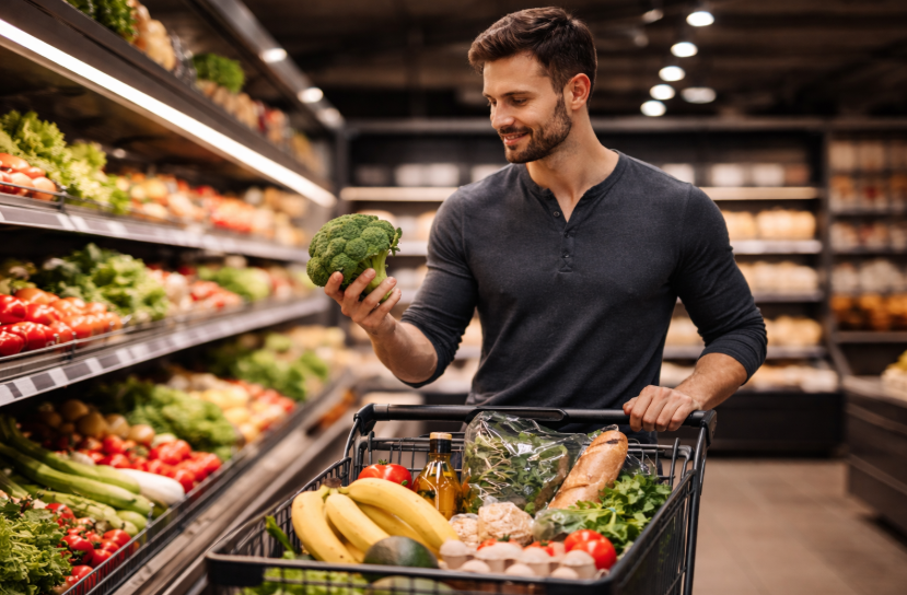 Gesunde Ernährung für Männer – Mann wählt im Supermarkt frisches Gemüse aus und legt ausgewogene Lebensmittel in seinen Einkaufswagen