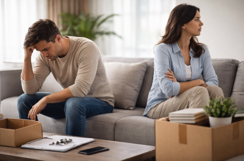Finanzen nach Trennung regeln – Paar sitzt getrennt auf Sofa in heller Wohnung und wirkt emotional distanziert