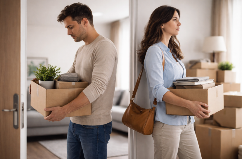 Finanzen nach Trennung regeln – Paar geht getrennte Wege mit Umzugskartons in heller Wohnung