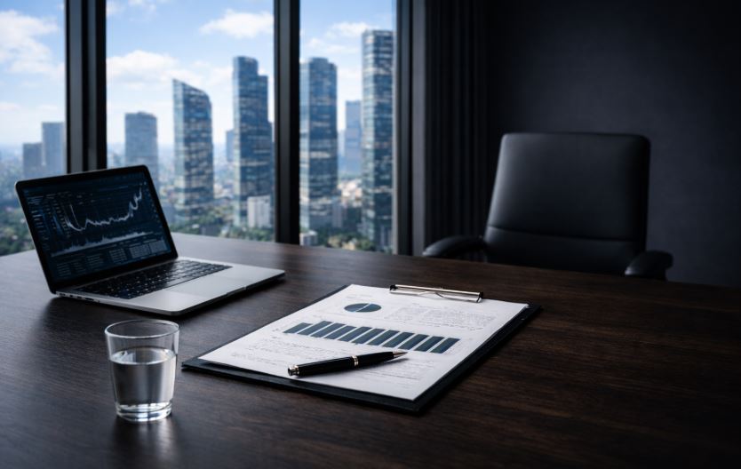 Finanzen Hub mit minimalistischer Arbeitsumgebung und Stadtblick