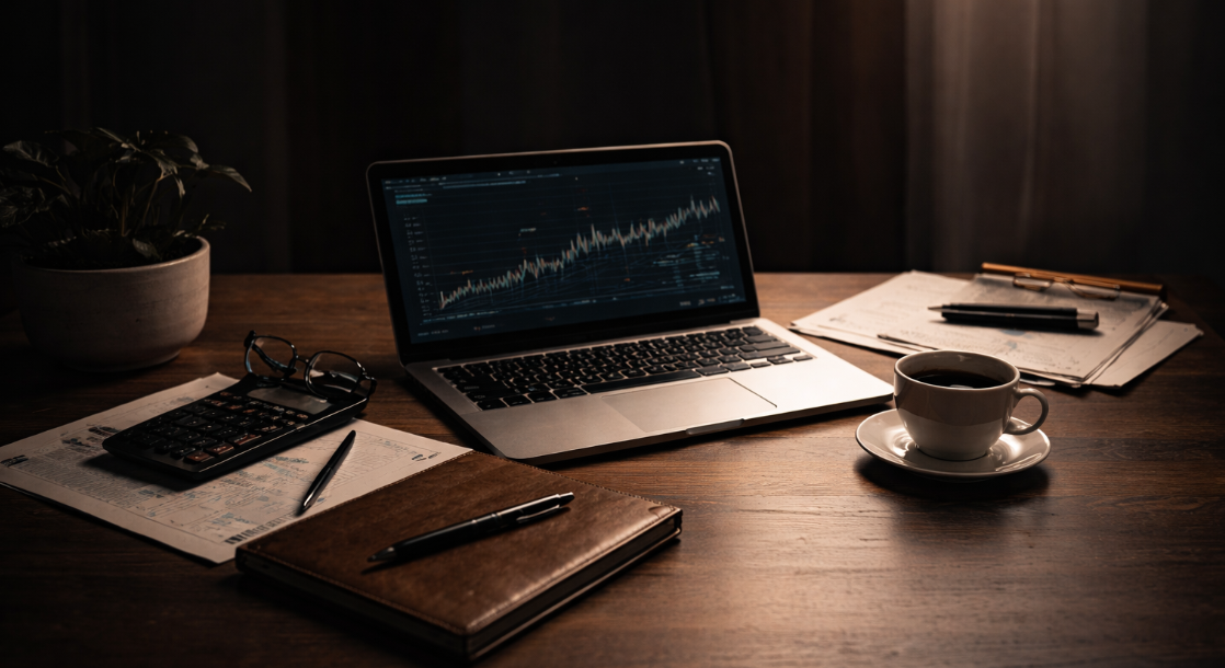 Finanzen Schreibtisch mit Laptop, Notizbuch und Unterlagen in ruhiger Arbeitsatmosphäre