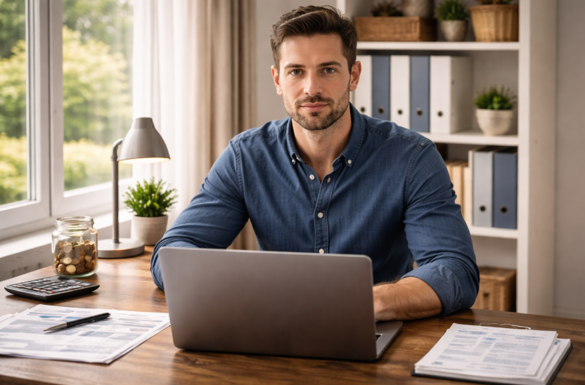 Finanzvergleich am Laptop – Mann sitzt im hellen Homeoffice vor Laptop und prüft Unterlagen in ruhiger Arbeitsatmosphäre